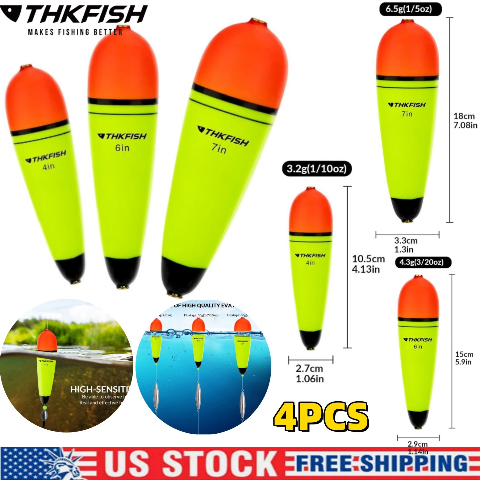 4pcs 4", 6", 7" Slip Bobber Fishing Floats EVA Foam Bobbers for Pike Perch Bass