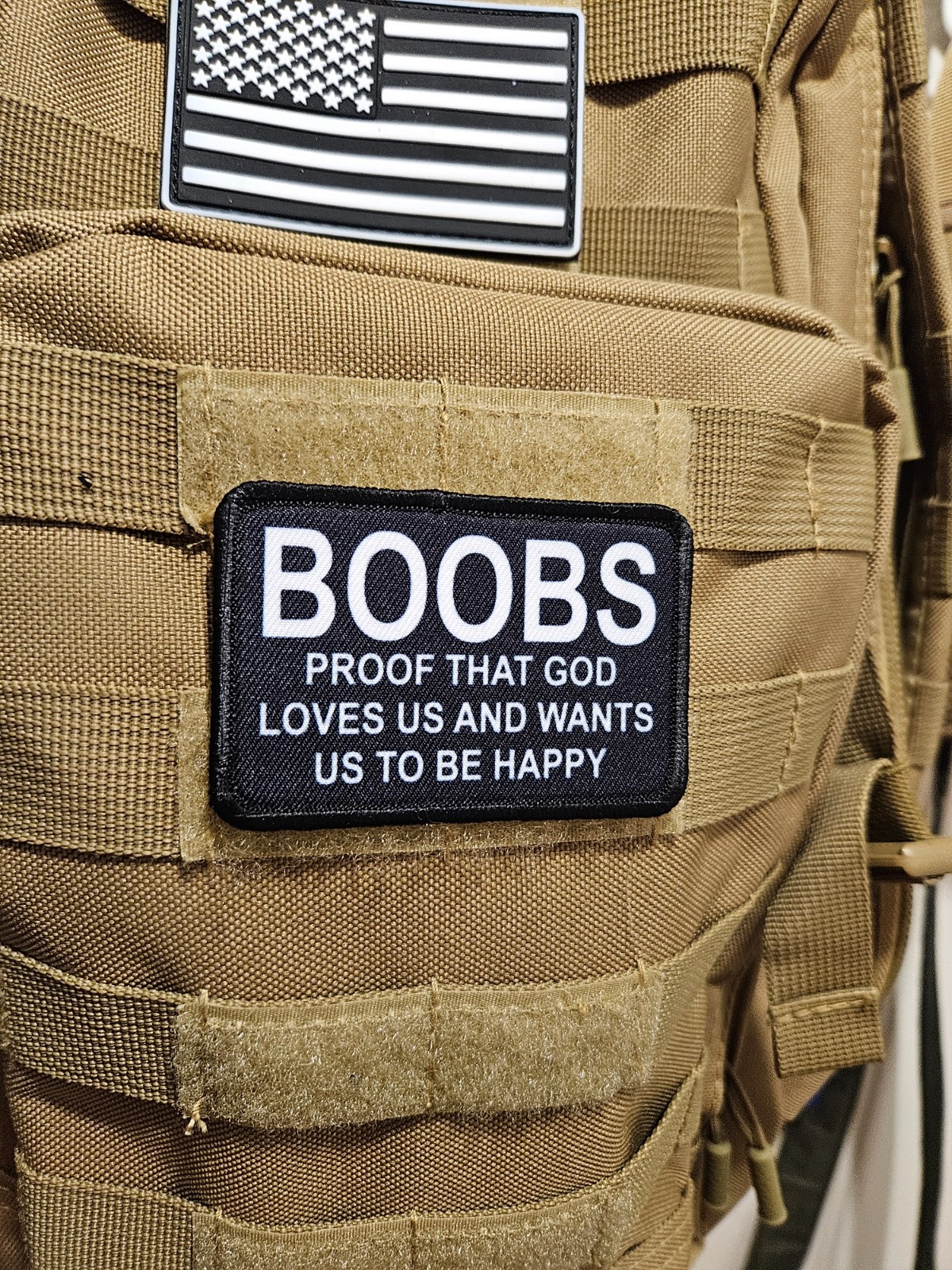 Boobs proof that God loves us and wants us happy meme 2"x3" hook & loop patch
