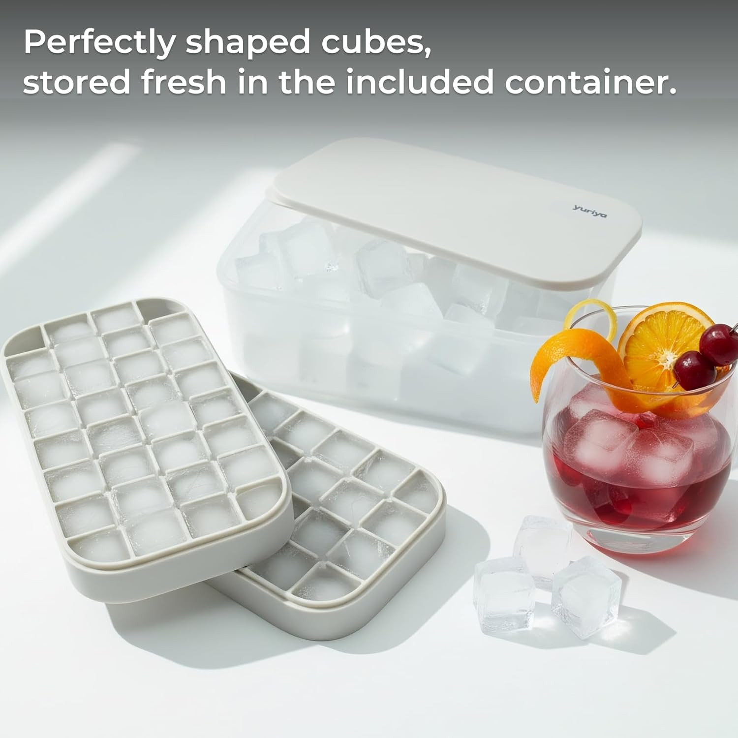 Ice Cube Tray Set with Lid & Bin, 2 Silicone Trays (32-Cube Each, 64 Total), Eas