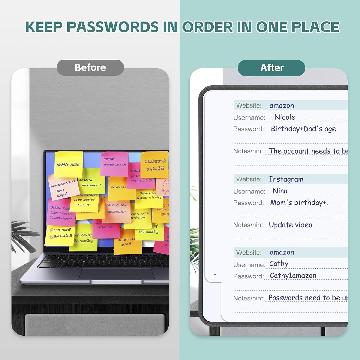 Password Keeper Book with Alphabetical Tabs Compact Password Notebook Black