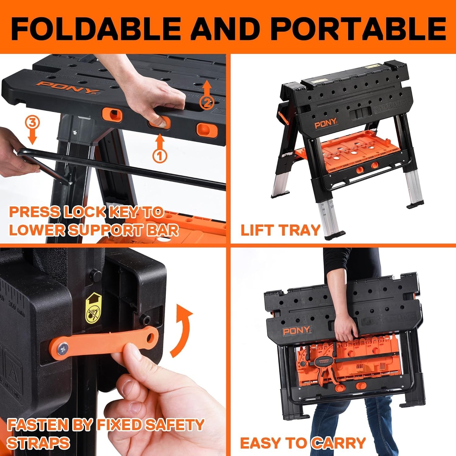 Pony Portable Folding Workbench 2-in-1 with 500 lbs Capacity & Adjustable Height