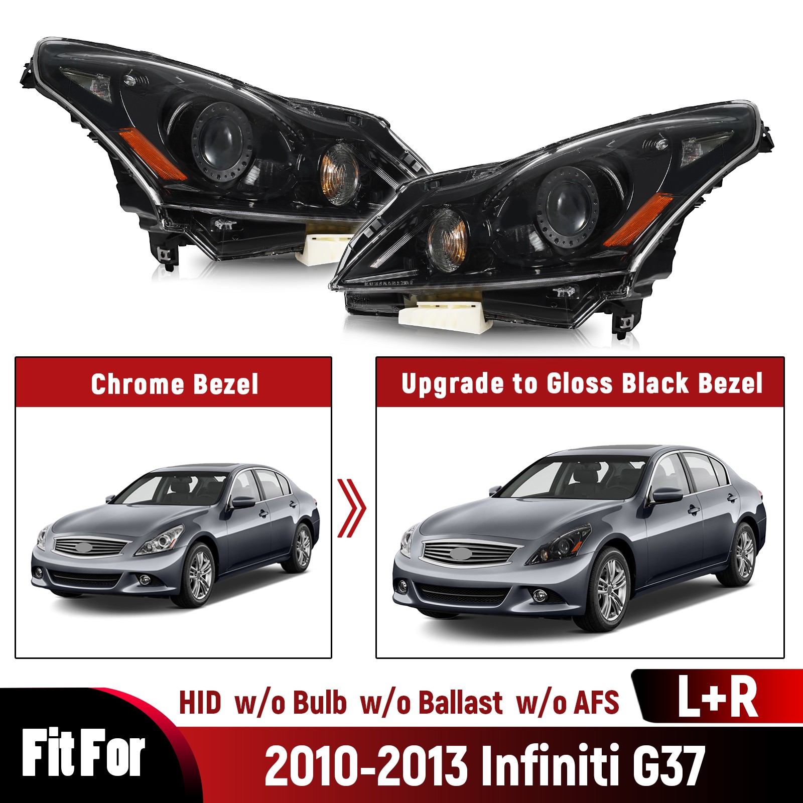 HID Headlight For 2010-2013 Infiniti G37/2011-2012 G25 Sedan Black w/o AFS Pair