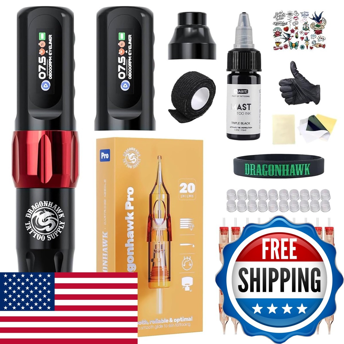 Dragonhawk Atom2 PMU Tattoo Gun Kit, Cordless & Corded, 2 Batteries