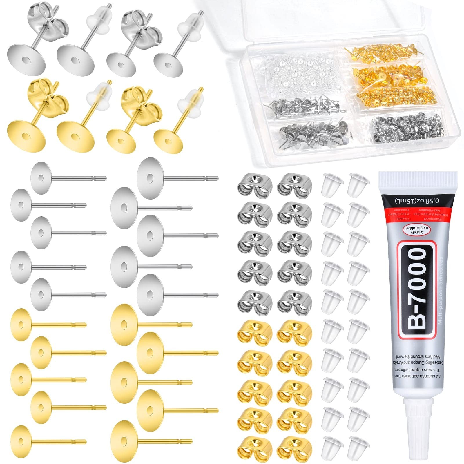 Jewelry Glue with 600pcs Stainless Steel Earring Posts and Backs - Silver and...