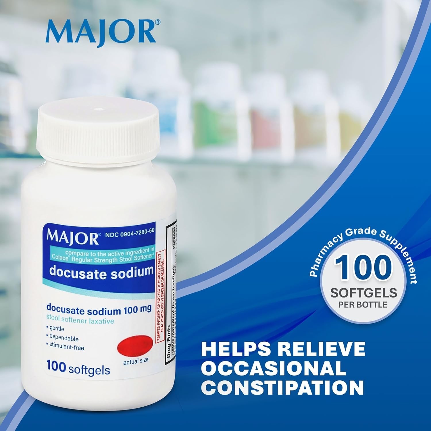 Major DOK Docusate Sodium Stool Softener 100mg Softgels 100ct -3 Pack