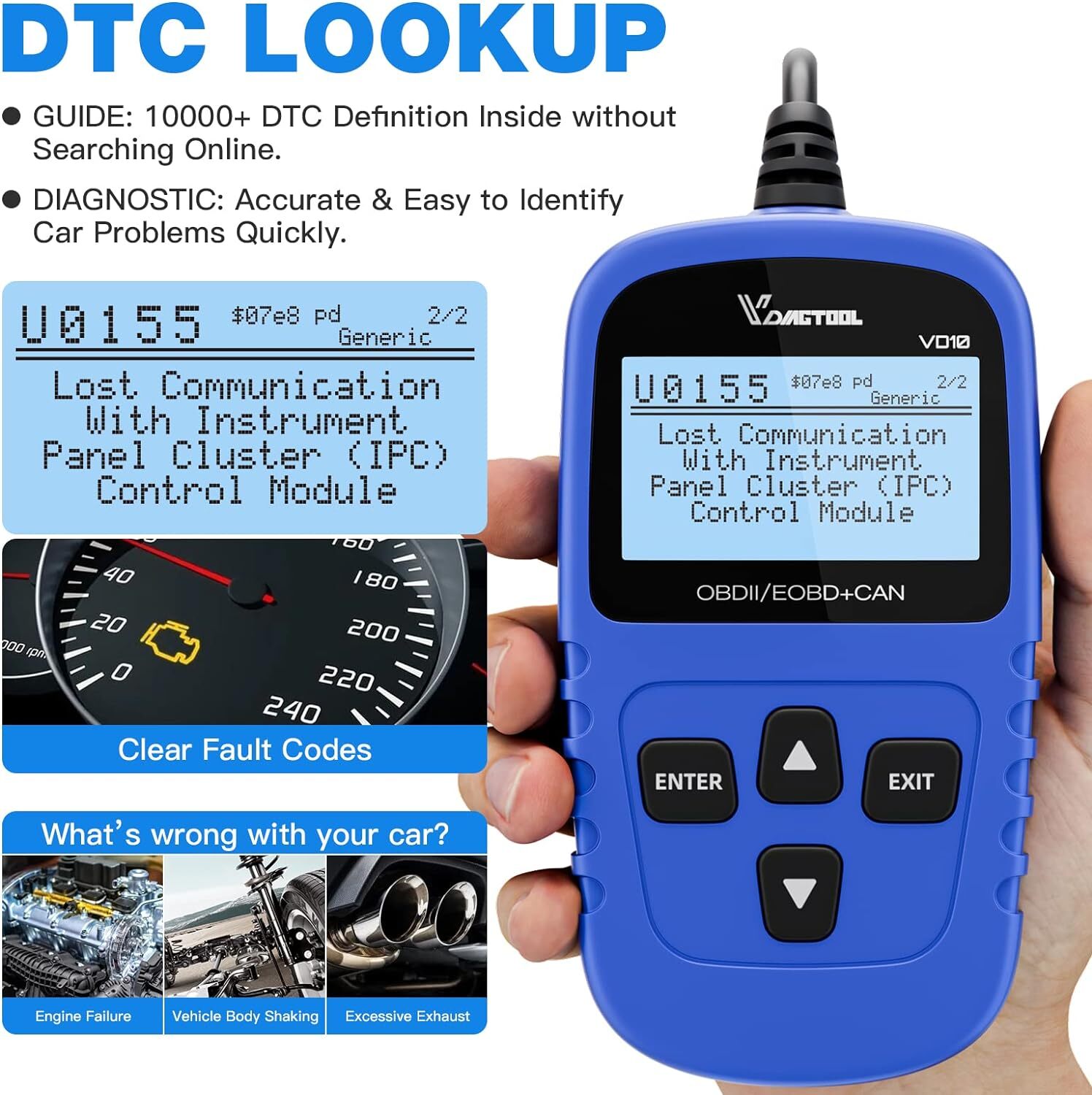 VDIAGTOOL VD10 OBD2 Scanner Car Diagnostic Tool Code Reader Engine DTC Lookup US