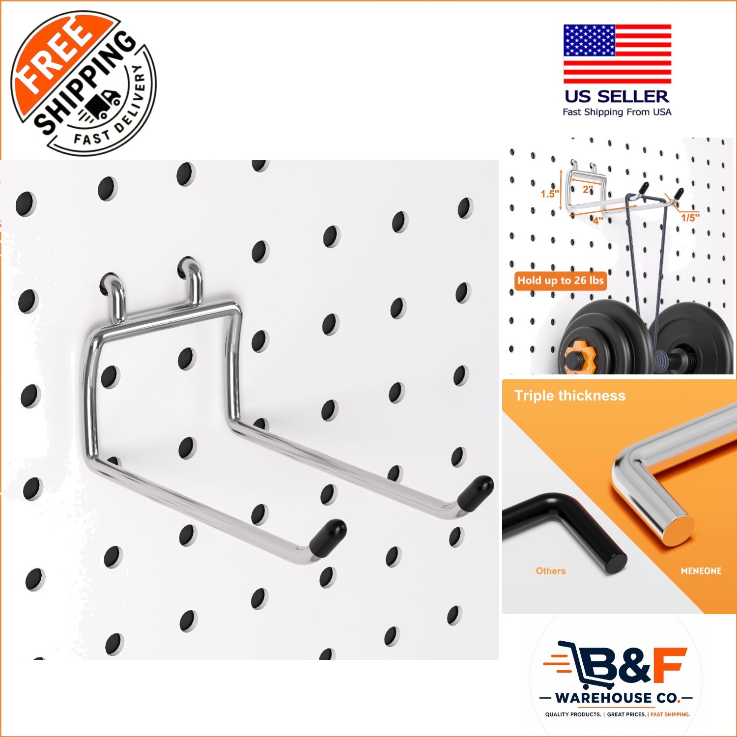 Durable 30 Pack Pegboard Hooks - 4 Inches, Tool-Free Installation, Silver Finish