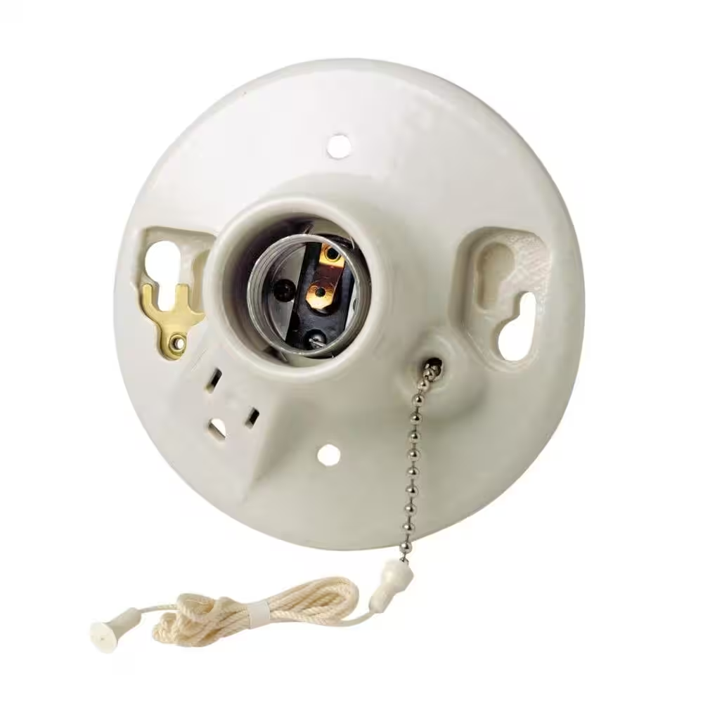 Glazed Porcelain Lamp Holder with Pull Chain and Outlet - Convenient Lighting