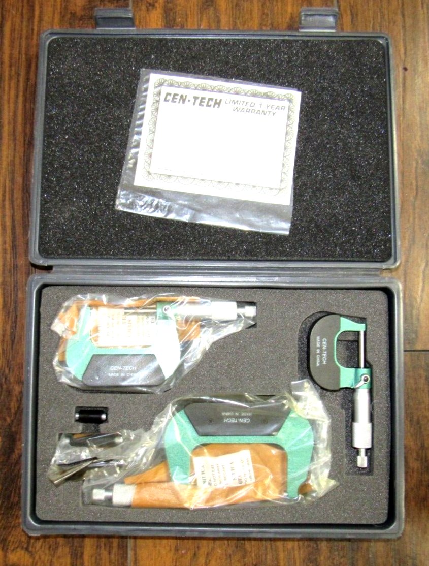 CEN-TECH OUTSIDE MICROMETERS SET 0-3" 0.001" ~ IN CASE & PLASTIC ~NEVER USED