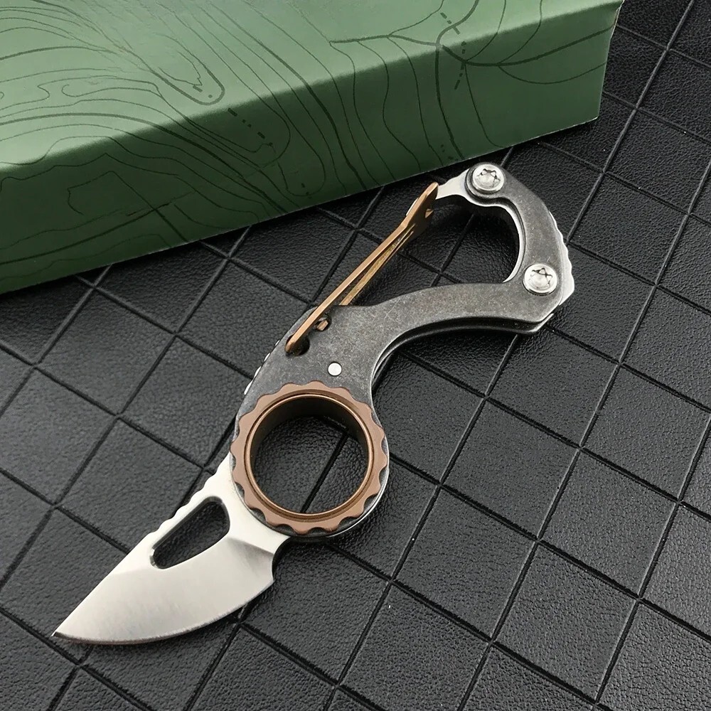 Compano Carabiner Folding Blade Knife 1.4" Satin Blade Stonewashed Steel Handle
