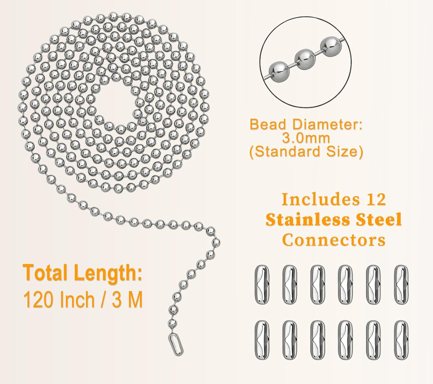 120" Ceiling Fan Pull Chain Extender - Stainless Steel Ball Chain with 12 Connec