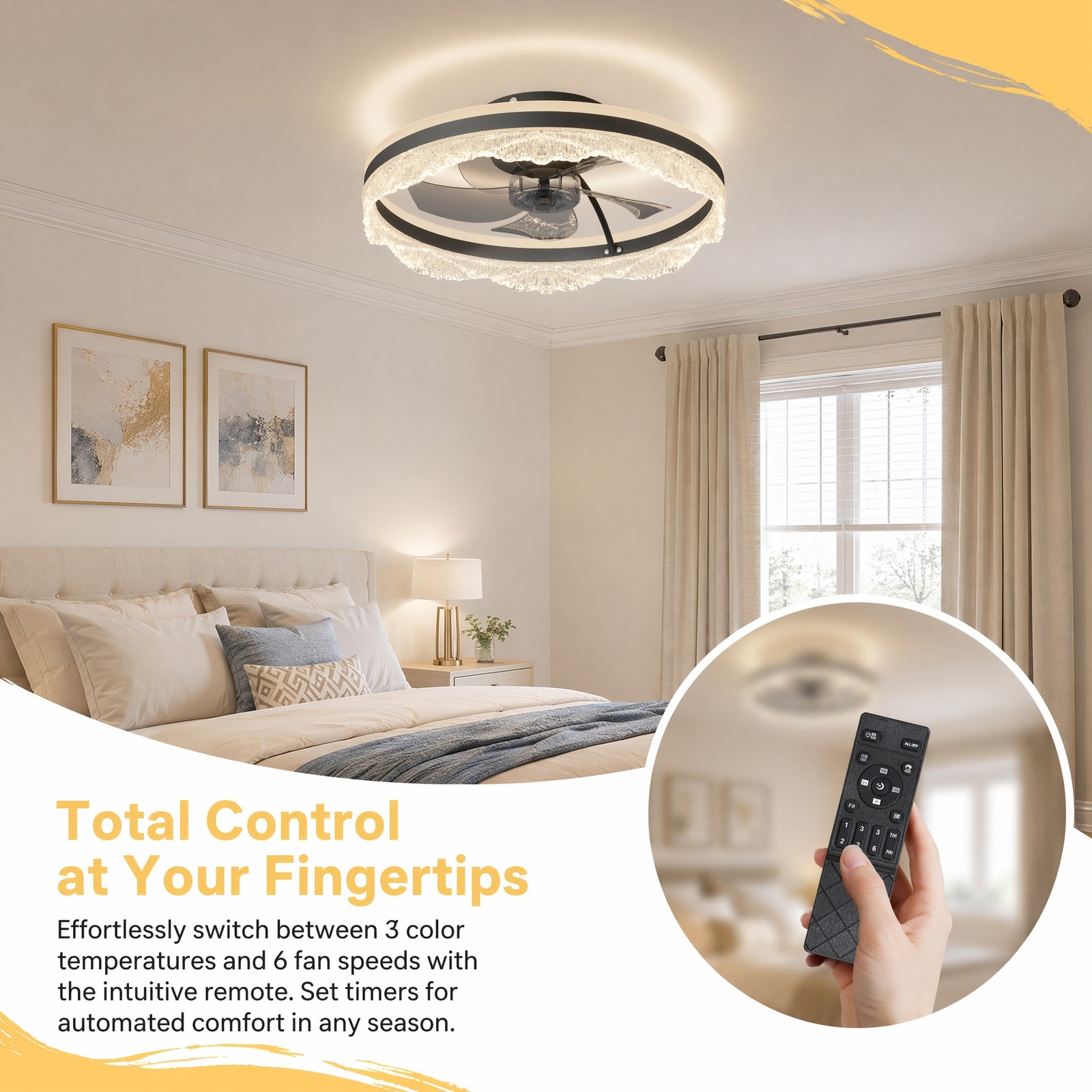 20'' Ceiling Fan LED UP Down Light Wave Design Flush Mount Remote APP Control