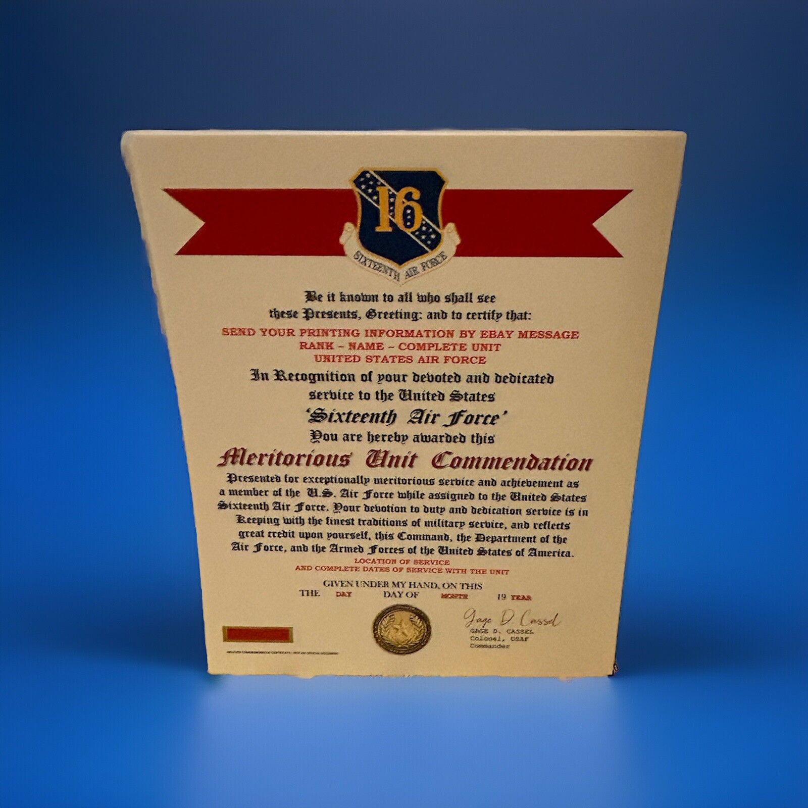 U.S. AIR FORCE / 16TH AIR FORCE - MERITORIOUS UNIT COMMENDATION CERTIFICATE