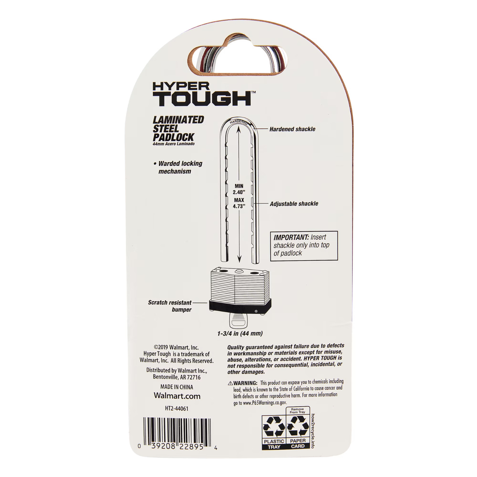 (4 pack) Hyper Tough 44mm Laminated Steel Padlock with Adjustable Shackle