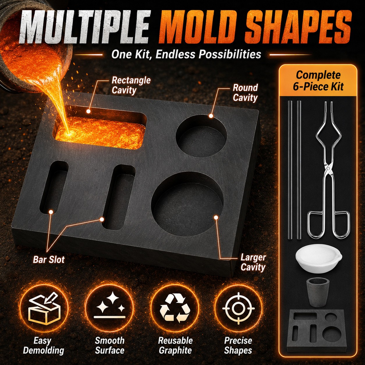 6Pack Graphite Ingot Crucible Mold Combo Torch Melting Gold Silver Copper Tools