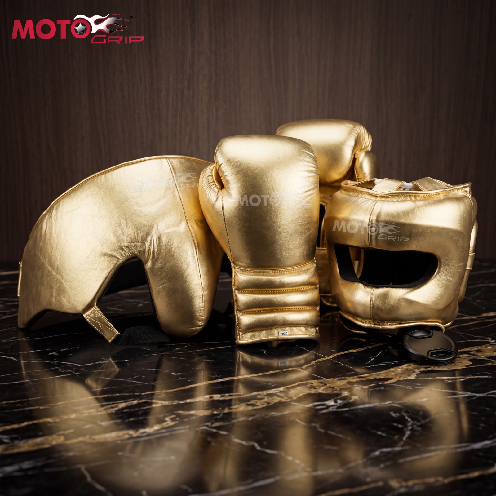 Custom Boxing Sparring Set , Golden Cowhide Boxing Gloves Head Gear, Groin Guard