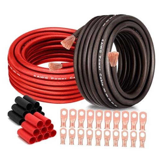 4 Gauge Wire (25FT Each, Black/Red), 20 Lugs, 20 Heat Shrink Wrap for