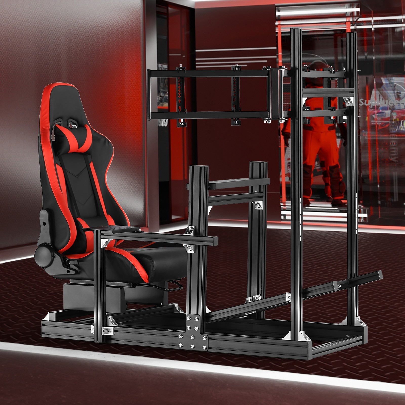Supllueer Racing Sim Cockpit 4080Aluminum With Seat Triple TV Stand Fit Logitech