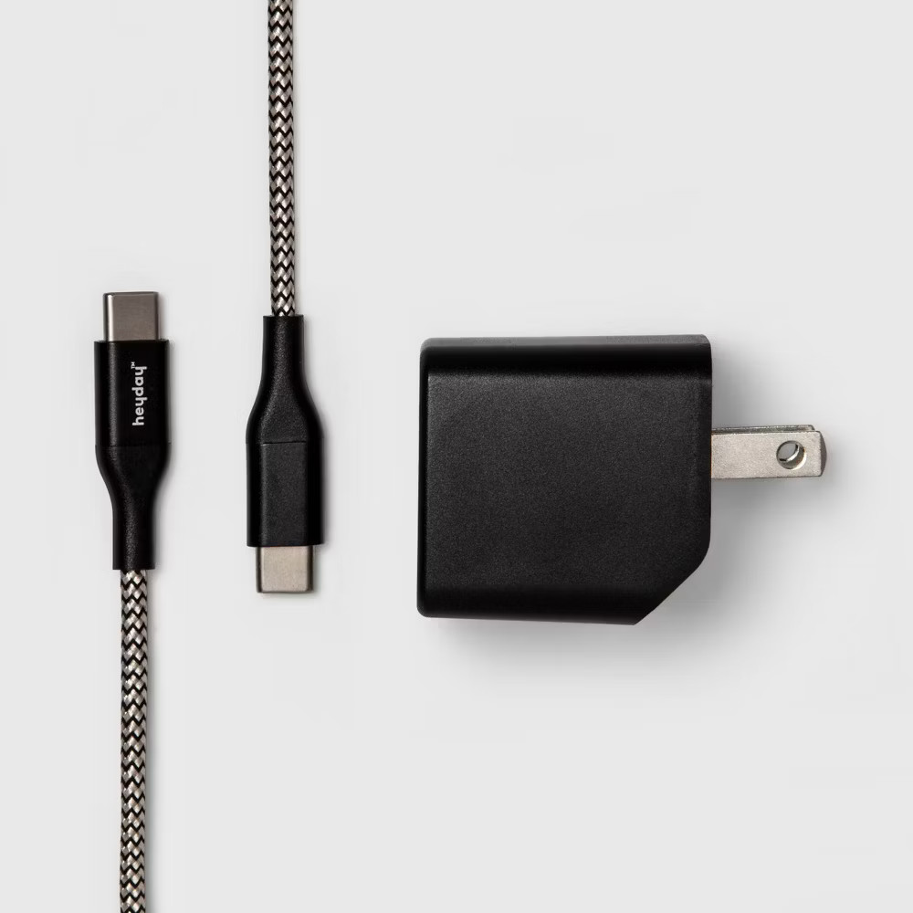 2-Port USB-A USB-C Wall Charger 6' USB-C to USB-C Braided Cord Black