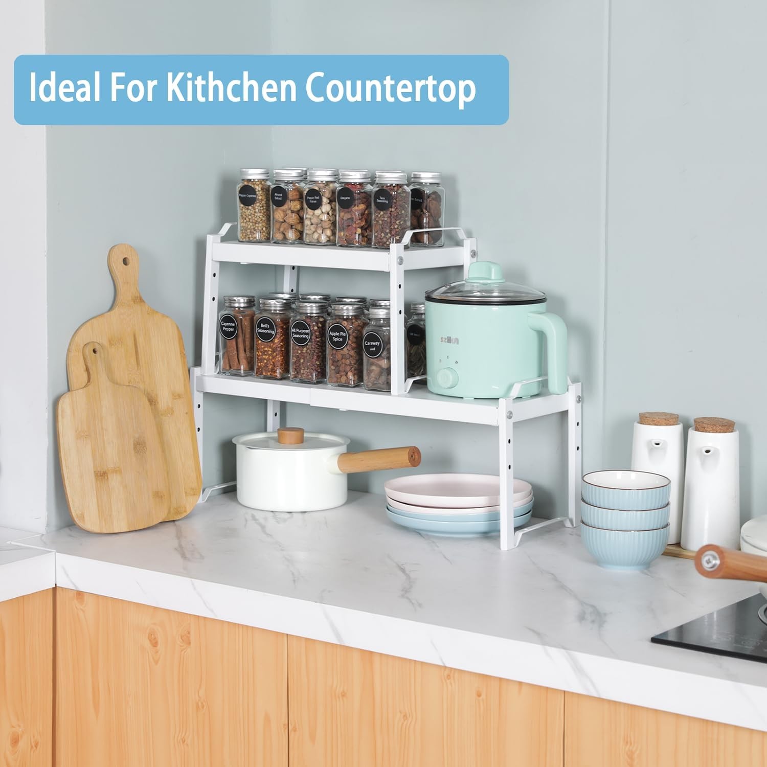 2 Pack Expandable Kitchen Cabinet Shelves Organizers, Stackable Adjustable Sm...