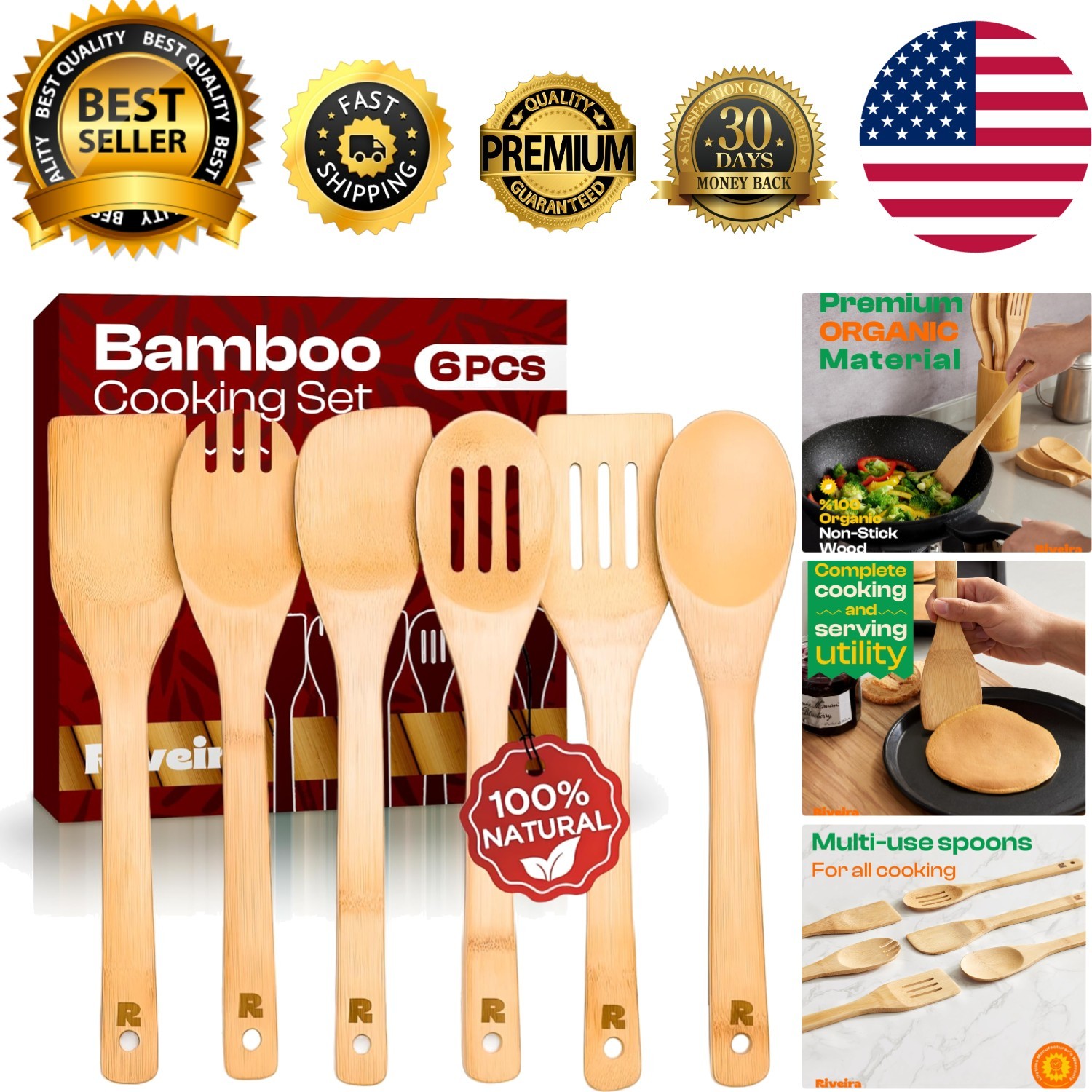 6-Piece Bamboo Cooking Spoons Set – Durable, Non-Toxic Kitchen Utensils