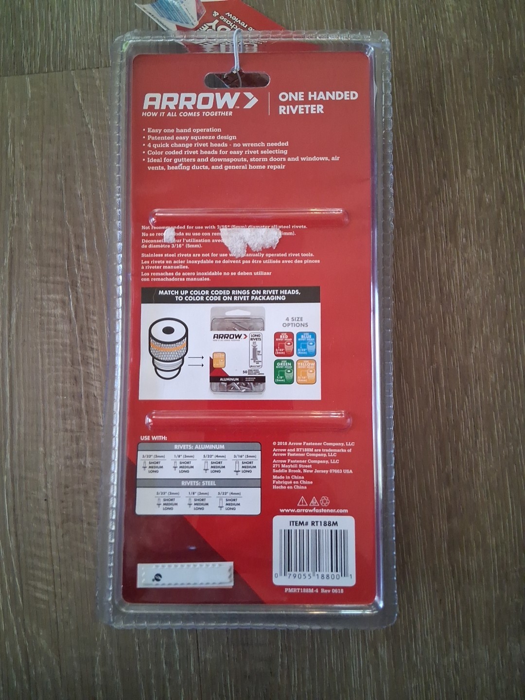 Arrow One Handed Riveter Tool Quick Change Color Coded Rivet Heads Model RT188M