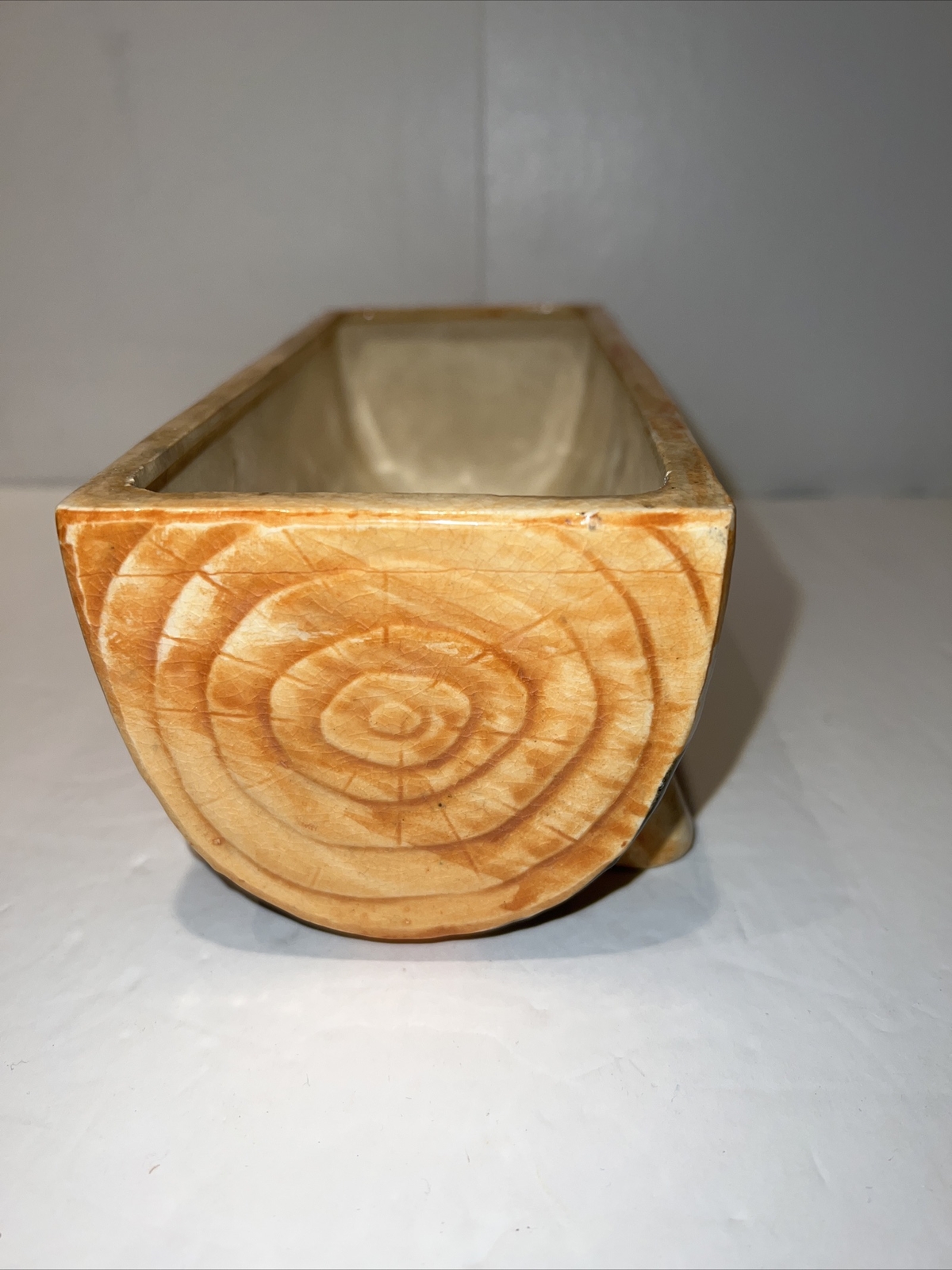Vintage Brown Ceramic Log Planter Hand Painted Made In Japan