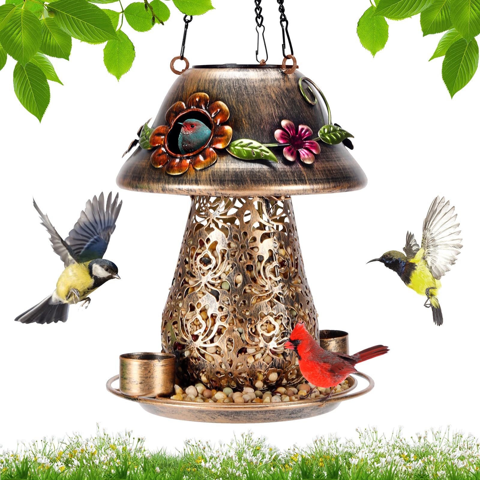 Mushroom Solar Bird Feeders for Outdoors Hanging Metal Wild Feeder brown