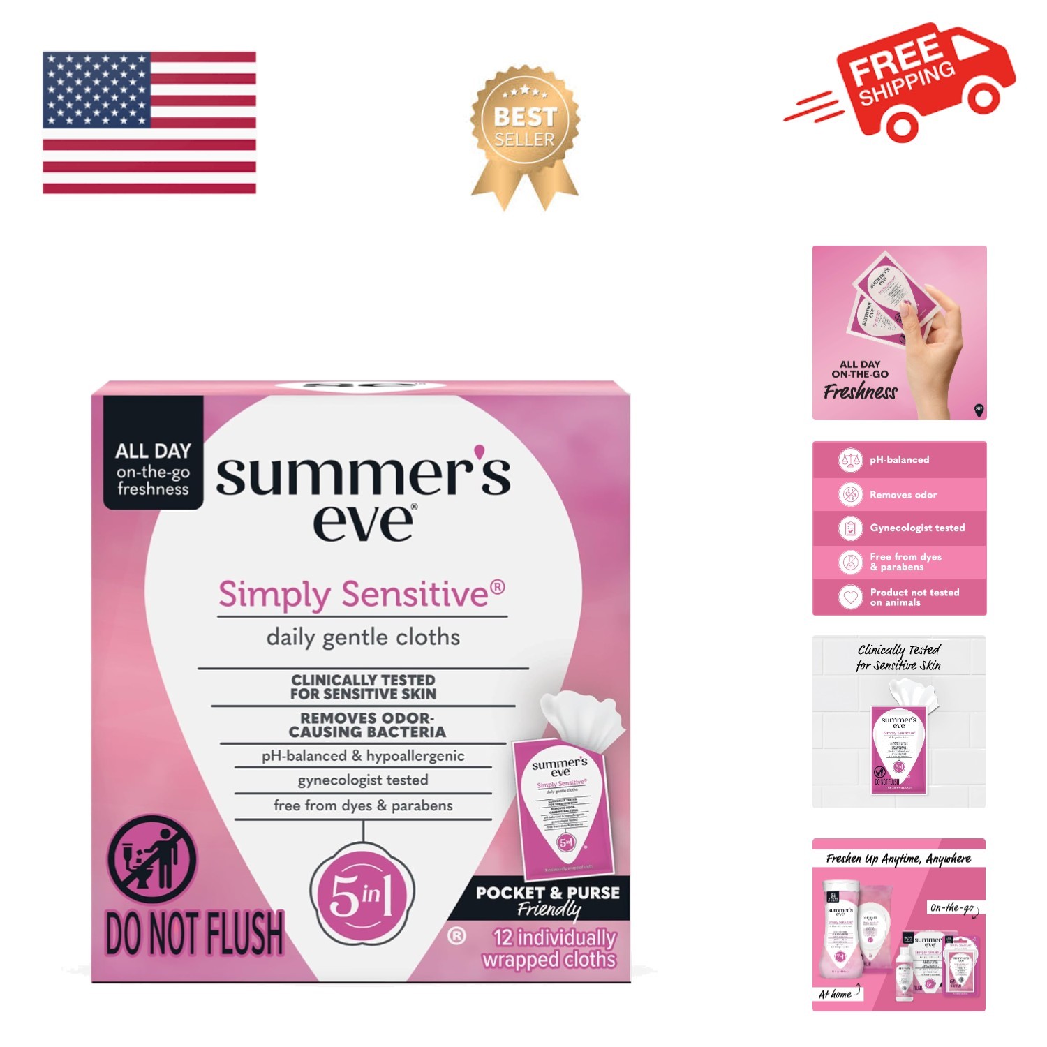 Simply Sensitive Feminine Wipes, Gentle pH-Balanced Micellar Water Based Form...