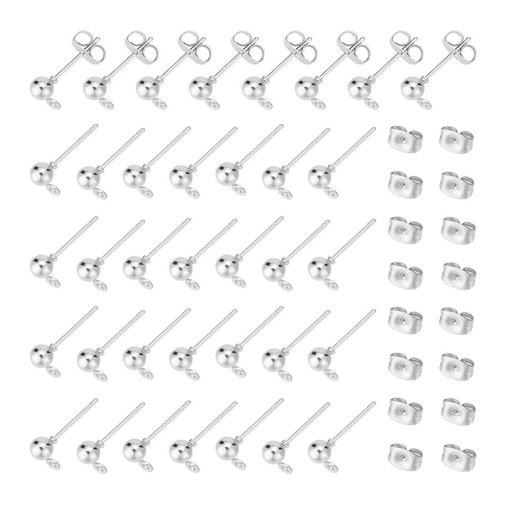 1box 200pcs Iron Ball Stud Earring Findings and 304 Stainless Steel Ear Nuts
