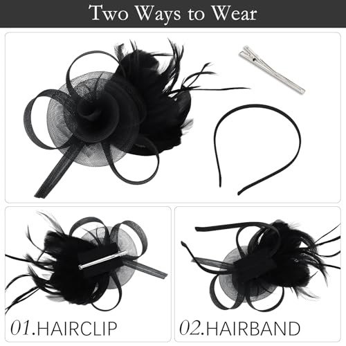 Fascinators Hats with Feather for Women 2026 Derby Hats Small Tea Party Black