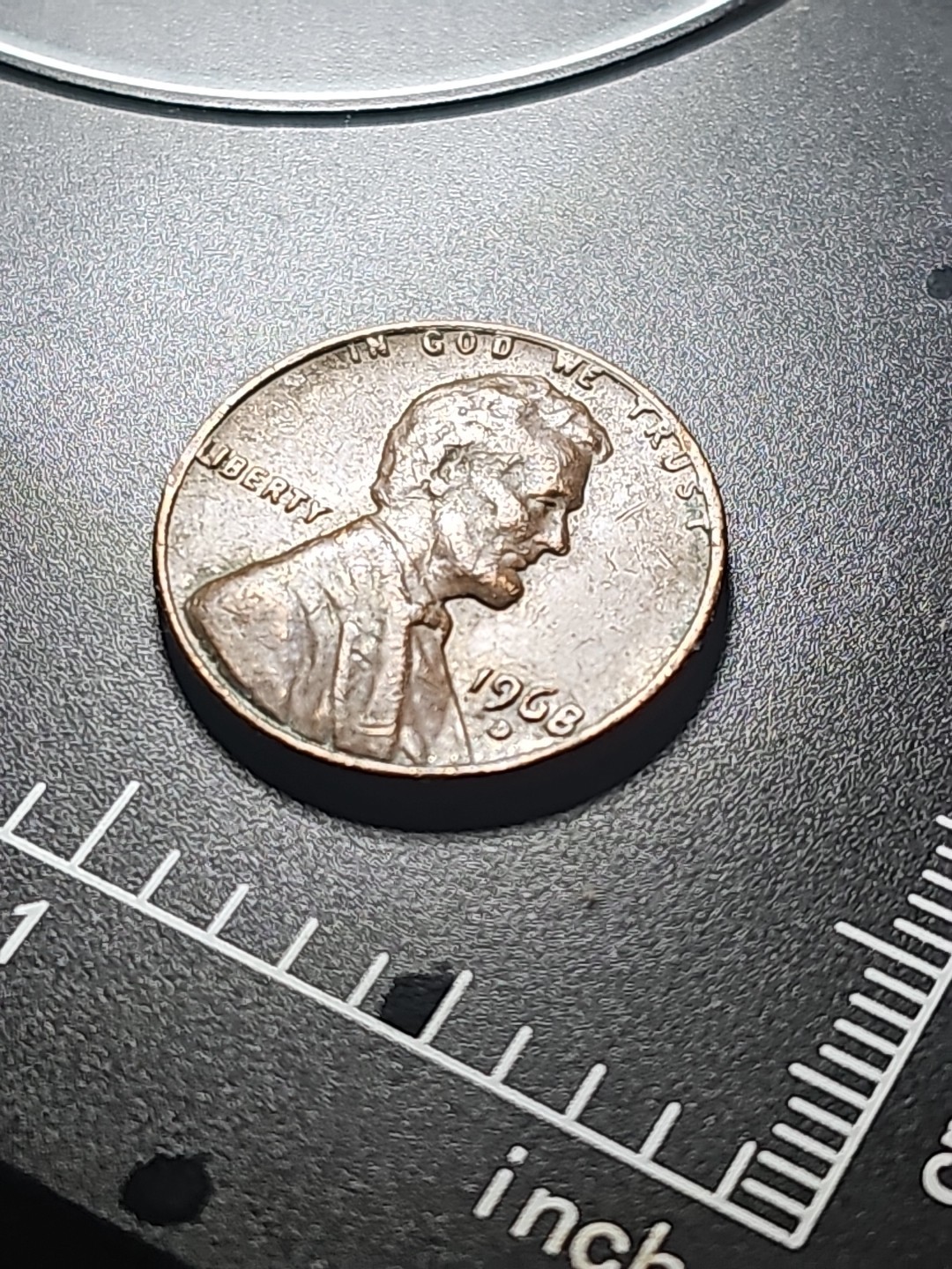 1968 D Lincoln Penny with Error on Top Rim, and L on Edge, 8 Resembles Letter B