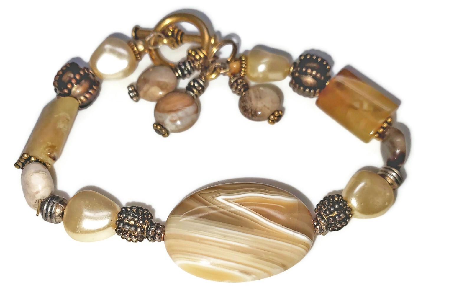 Hand Crafted Brown and Tan Mix Beaded Toggle Bracelet NEW