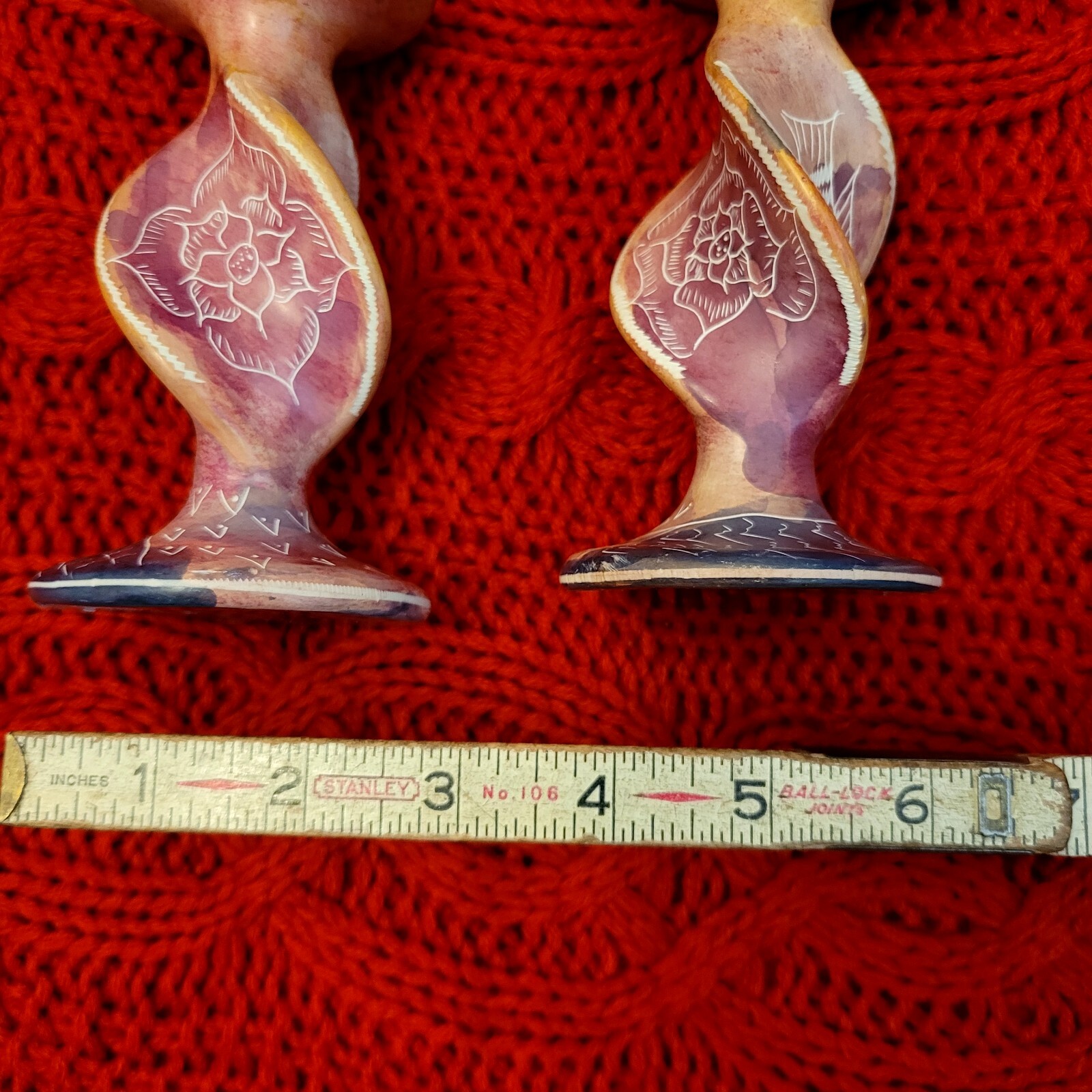 Soapstone Hand Crafted Candle Sticks With Floral and Fish Motif. Made In Kenya