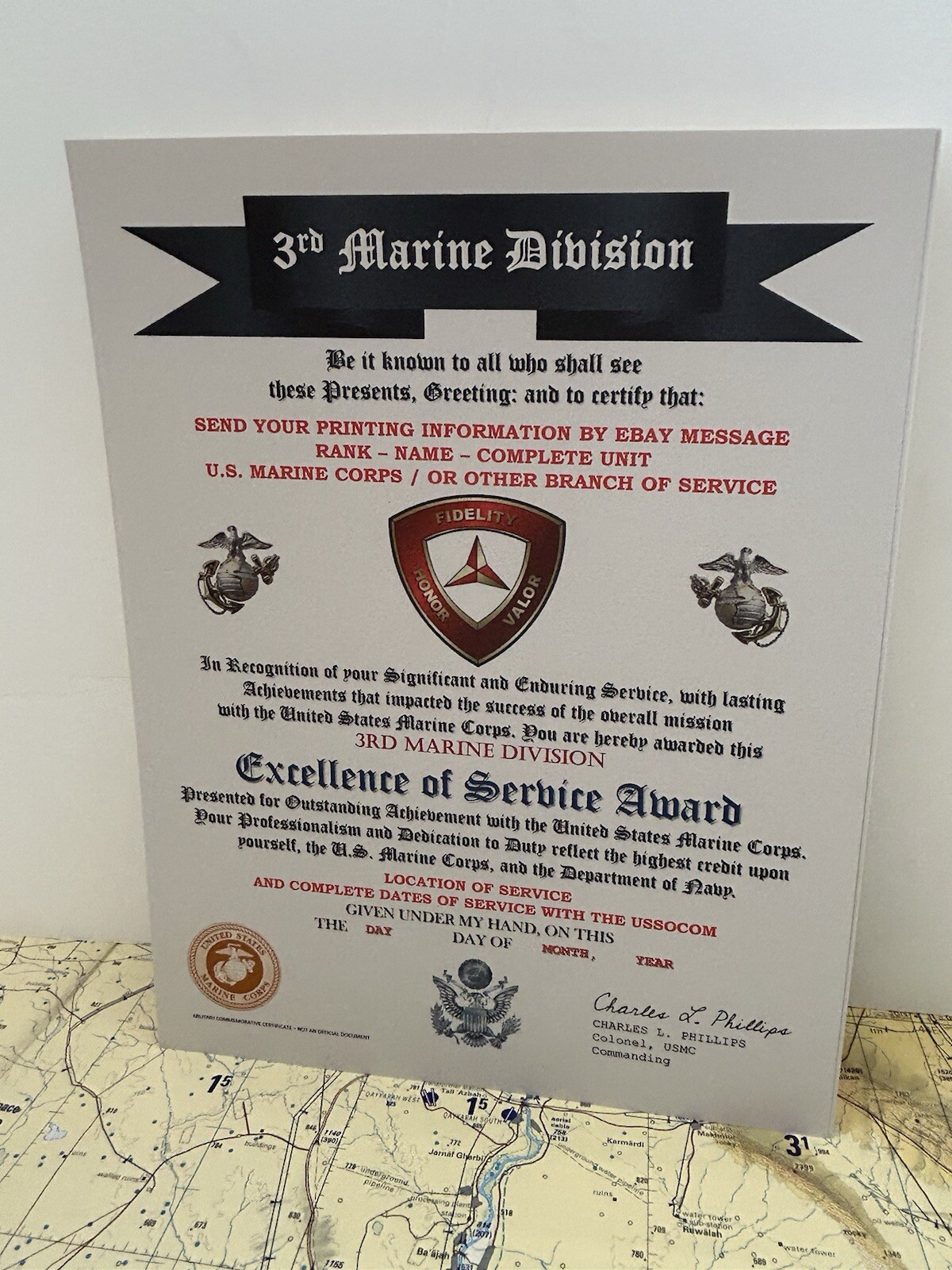 U.S. MARINE CORPS / 3RD MARINE DIVISION - EXCELLENCE OF SERVICE AWARD