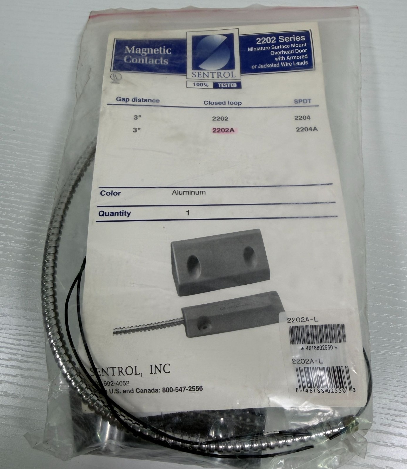 Sentrol 2202A-L Overhead Door Floor Mount Magnetic Contact Aluminum Housing