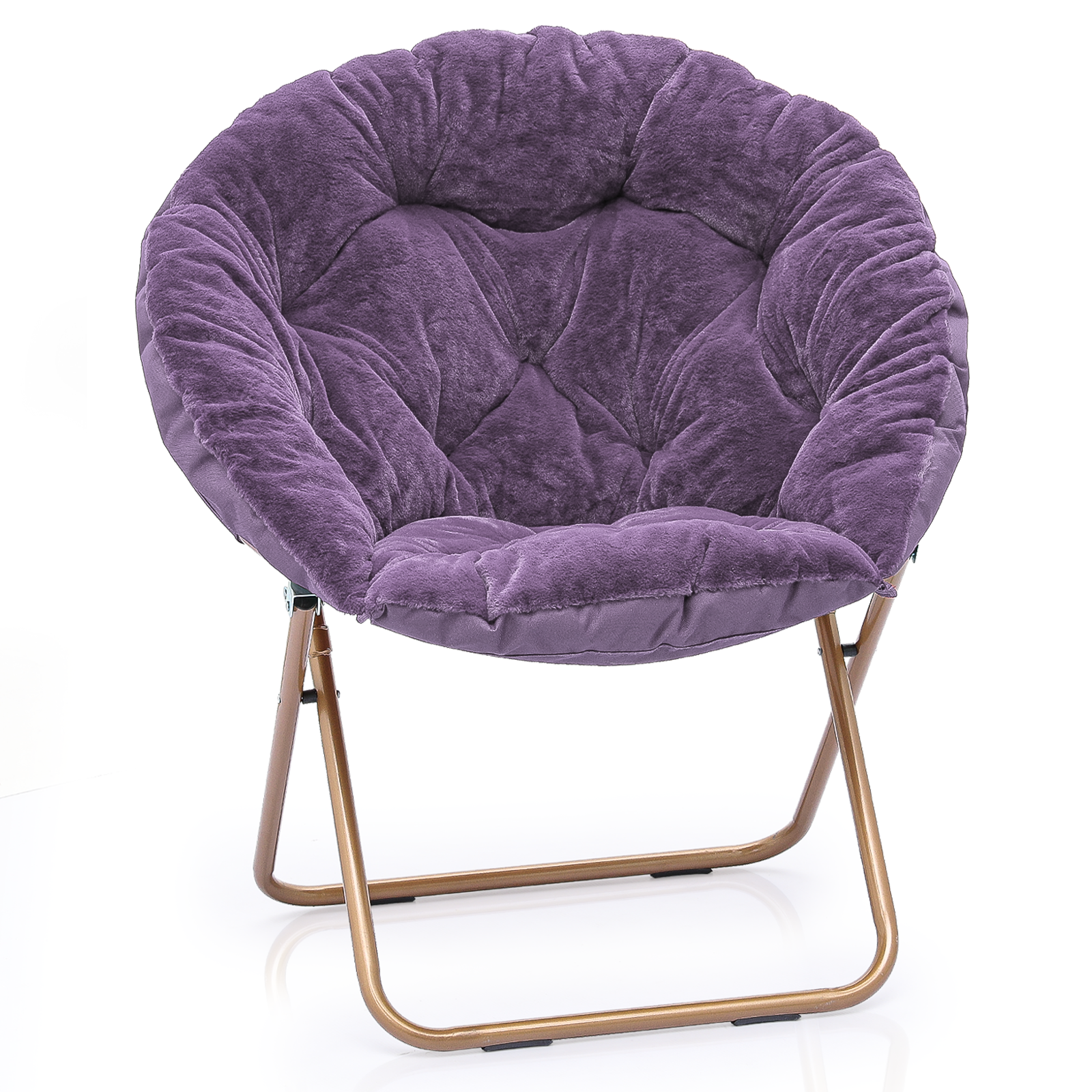 Purple Folding Faux Fur Saucer Accent Chair Padded Seat Moon Chair w/Metal Frame