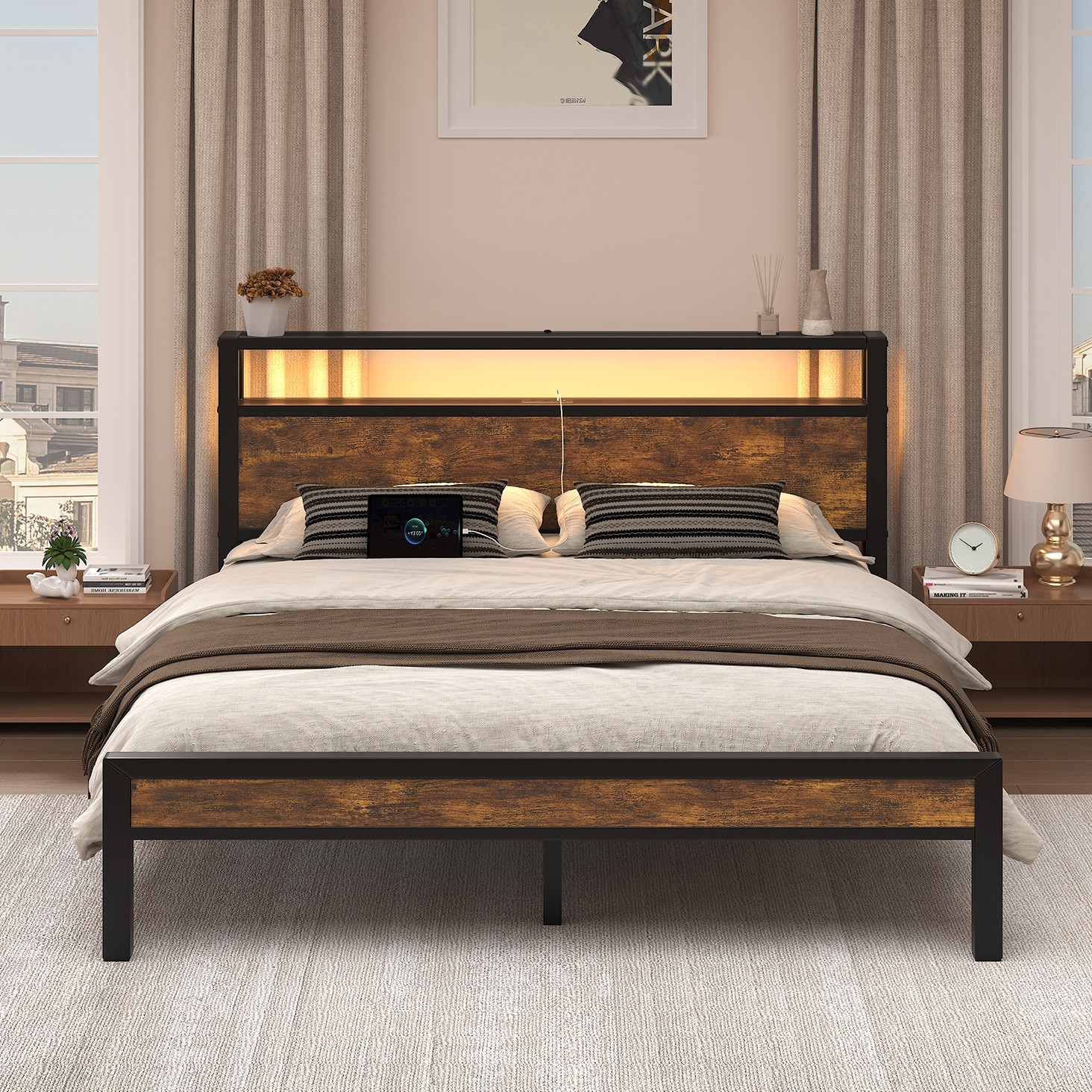 Full/Queen/King Metal Bed Frame with Storage Headboard and Charging Station