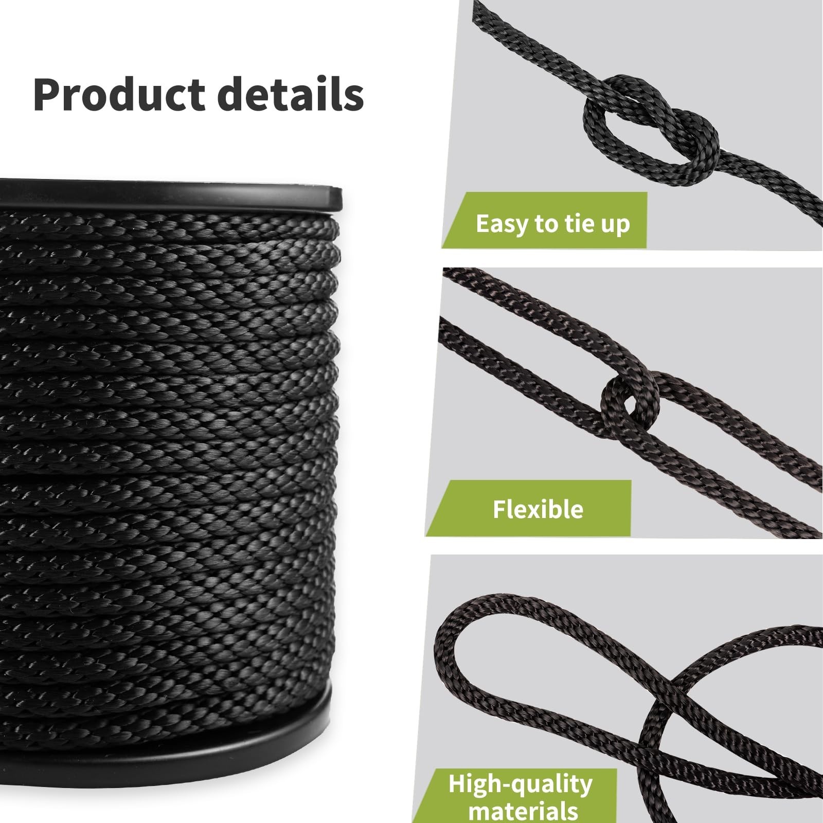 3/8 Inch × 200 FT Black Polyester Solid Braid Rope – UV & Abrasion Re
