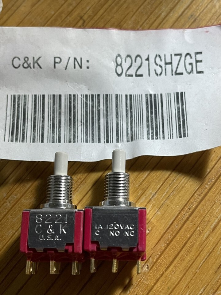 C & K 8221SHZGE push button switch with mounting nuts; in lots of 1, or 5 or 10