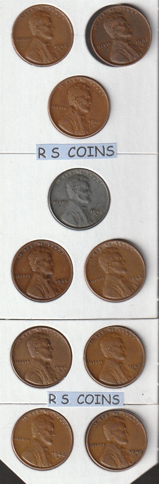 V F condition  LINCOLN CENT SET  1940  to  1949 D mints / 10 COINS /  VERY FINES
