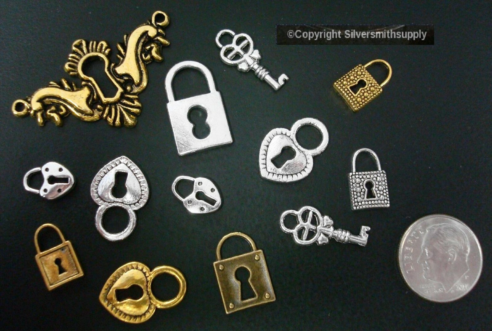 Lock & key style charms pendants mixed finish, various sizes CFP005