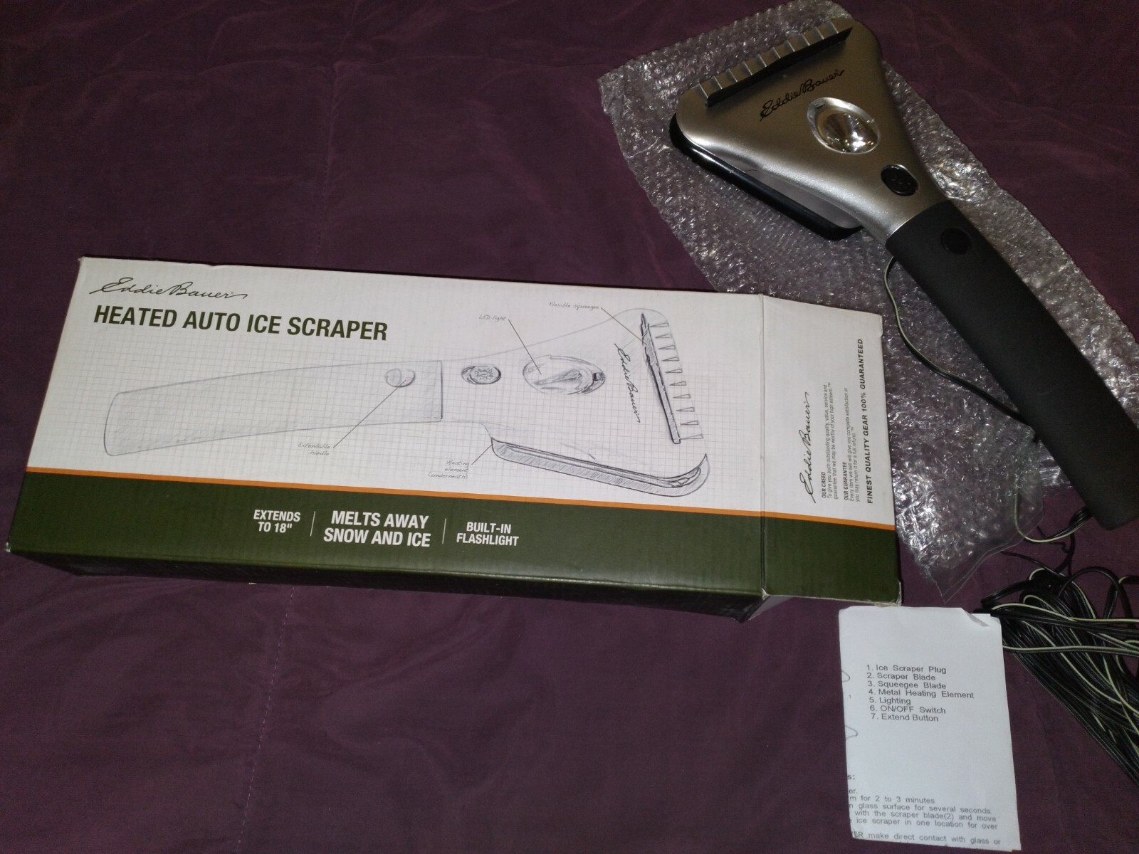 NEW! Eddie Bauer Heated Auto Ice Scraper w/ Flashlight extends 18"!