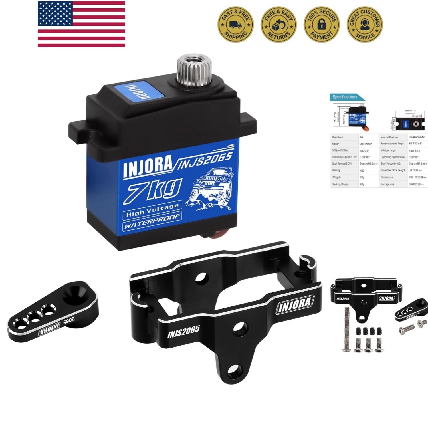7KG Servo INJS2065 with Mount and Servo Horn for 1/18 RC Crawler Upgrade Part...