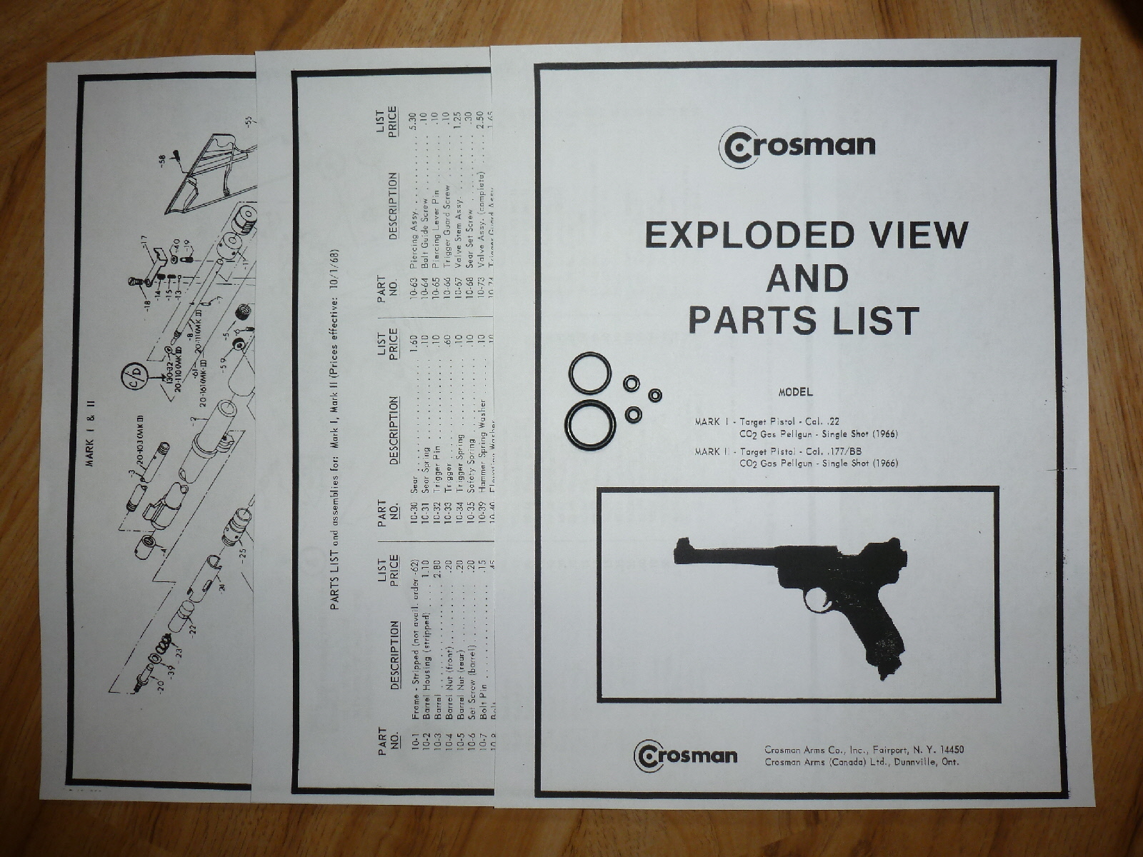 Crosman MK 1 2 Mark I Mark II  -Seal Kit - Exploded View With Guide + Parts list