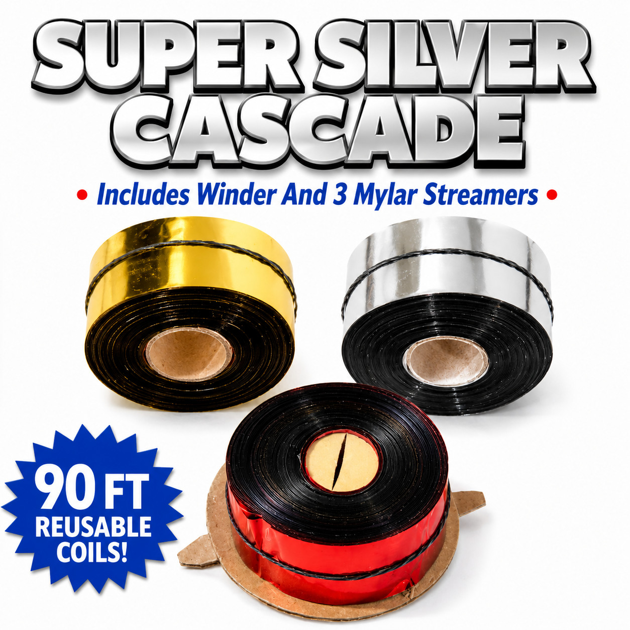 SUPER SILVER CASCADE + Winder Magic Trick 90 Ft Reusable Mylar Streamers 3 Coils