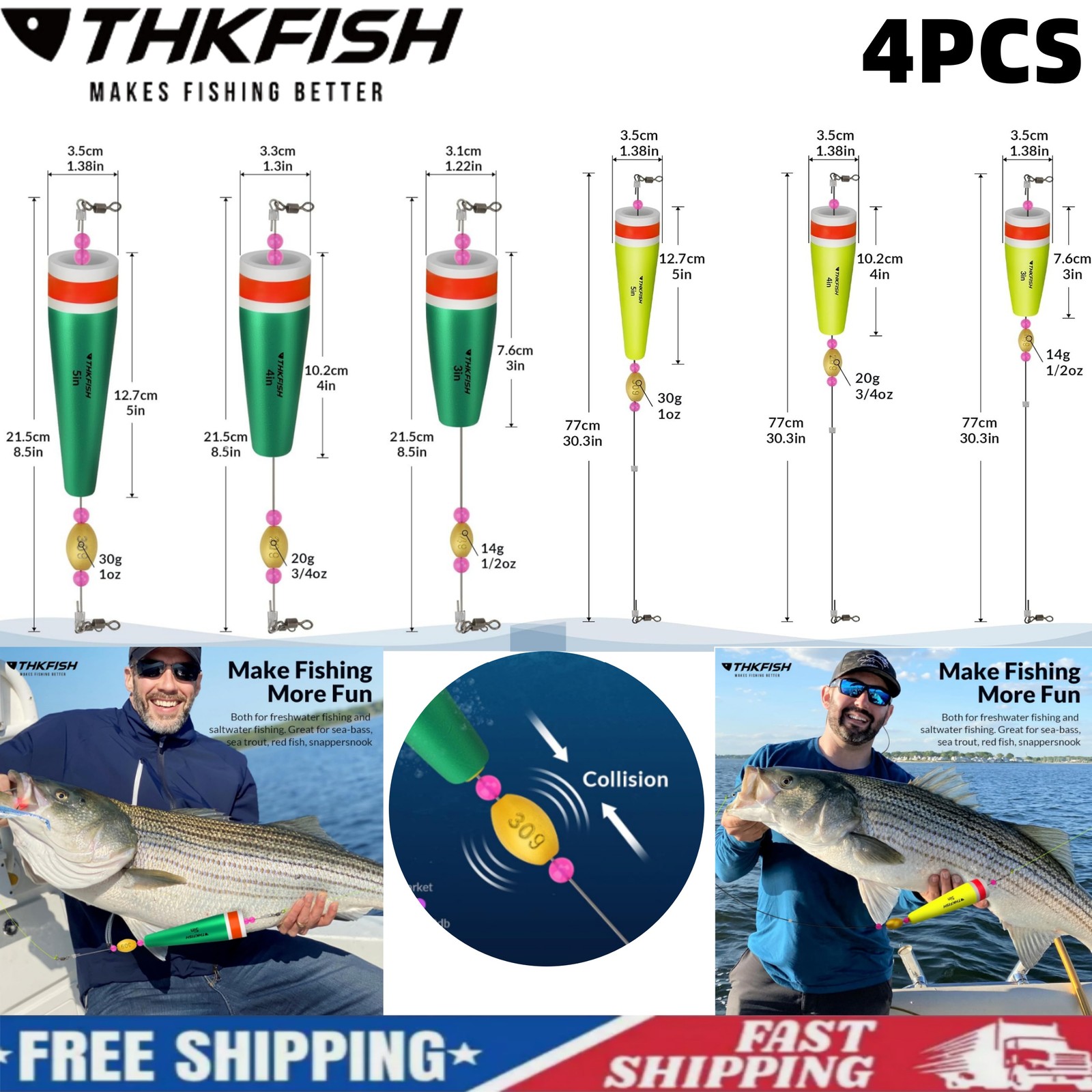 4PCS Weighted Bobber Inshore Fishing Popping Cork Float Rig Rattle Popper Bobber