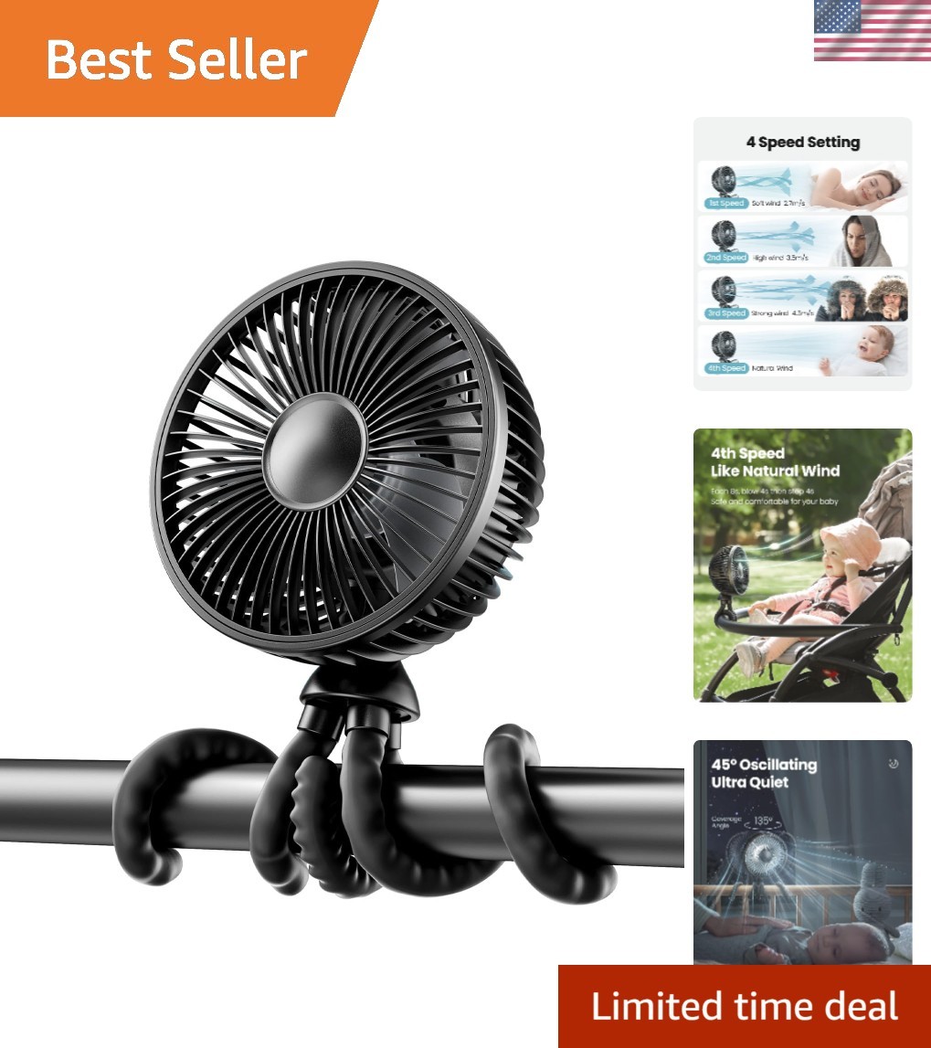 Portable Baby Stroller Fan with 4000mAh Battery & LED Lights - 4 Speed Options