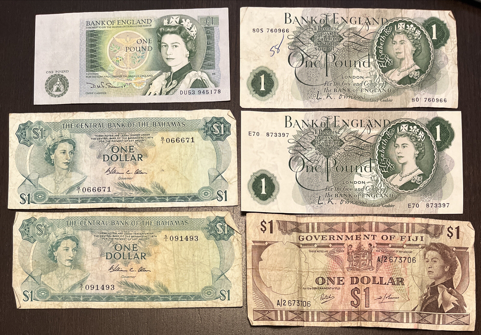 1974 $1 Bahamas & England Fiji Collection Of YOUNG QUEEN 6 Notes