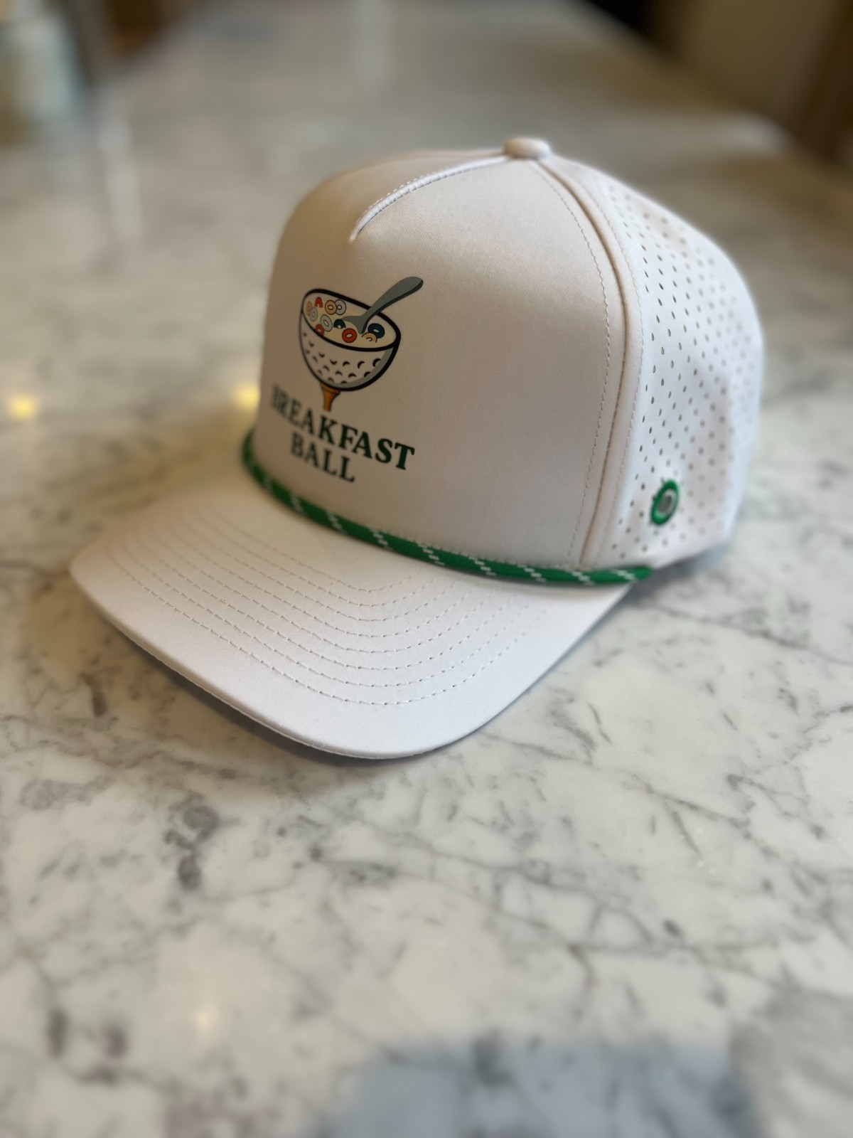 Breakfast Ball Golf Hat White Snapback w/ Tee Holder & Green Rope. Adjustable.